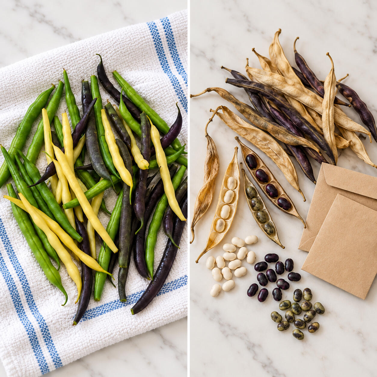 Fresh purple, green, and yellow beans beside dried pods, saved bean seeds, and kraft seed envelopes.