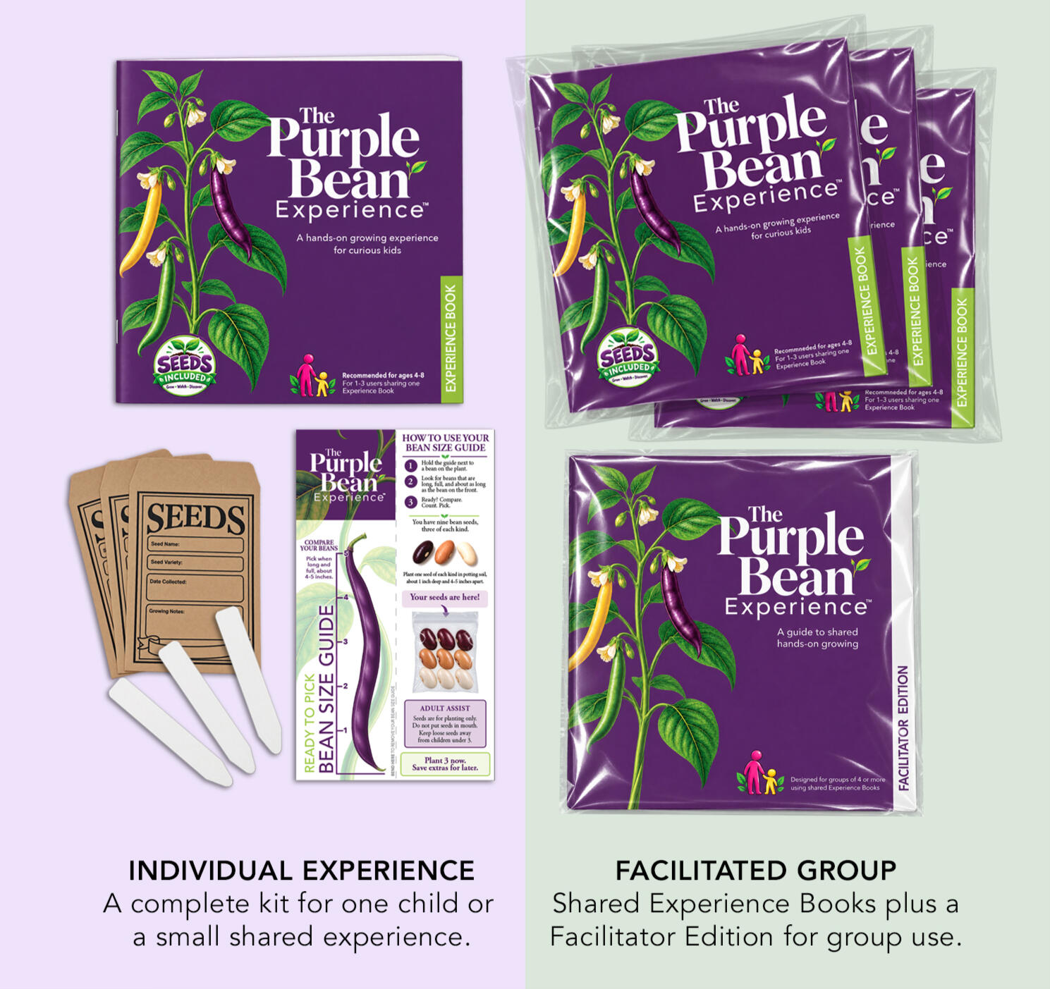 The Purple Bean Experience Individual Experience kit beside the Facilitated Group option with shared Experience Books and a Facilitator Edition.