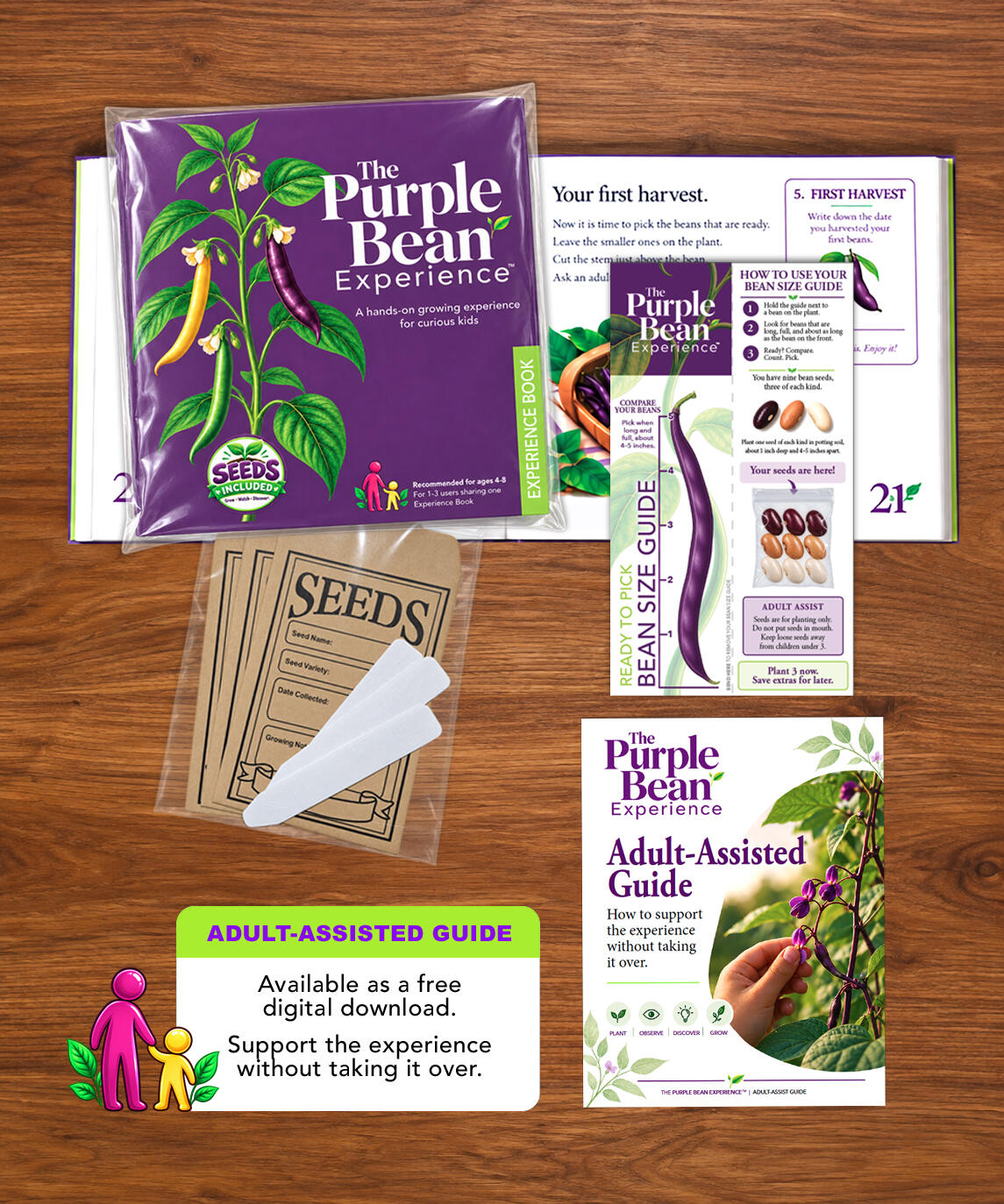 The Purple Bean Experience Kit The Purple Bean Experience kit with Experience Book, Bean Size Guide, seed-saving envelopes, plant markers, and Adult-Assisted Guide.