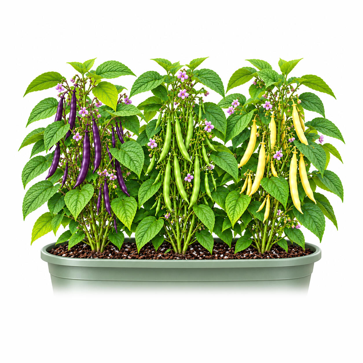Purple, green, and yellow bush bean plants growing together in a planter.